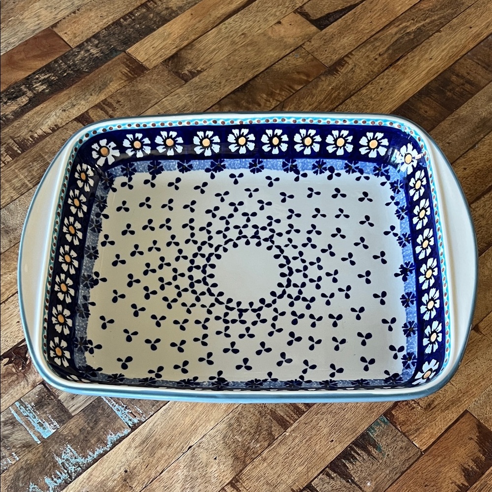 Wiza Polish Boleslawiec Pottery Floral Daisy Ceramic Baking Dish